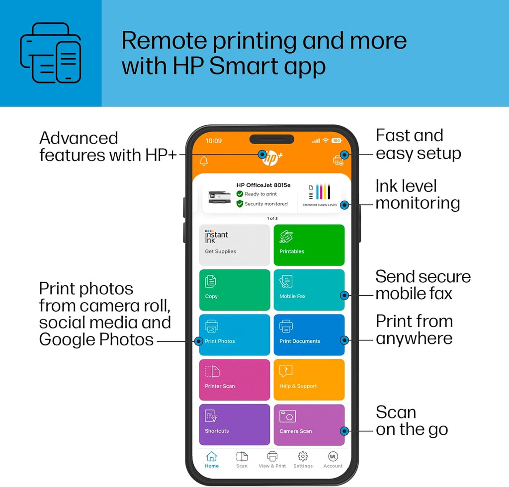 HP OfficeJet 8015e Wireless Color All-in-One Printer, 6 month Instant Ink trial included