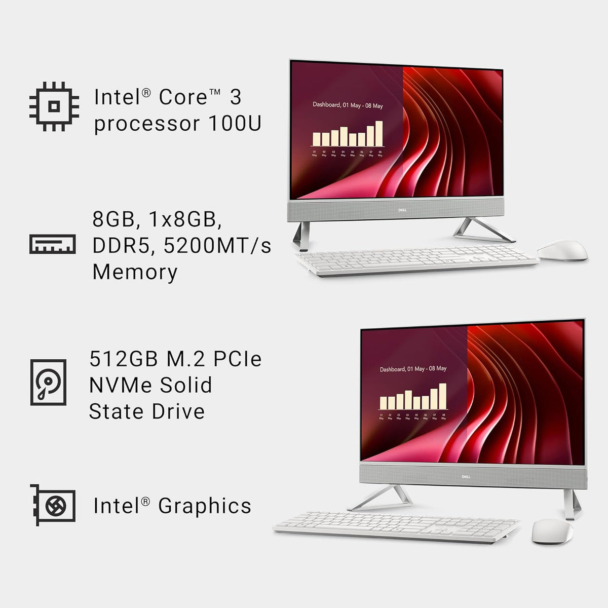 Dell 24 All-in-One Desktop ec24250-23.8-inch FHD Display, Intel Core 3 Processor 100U, Intel Graphics, 8GB DDR5 RAM, 512GB SSD, Windows 11 Home, Onsite Service+6 Months Retail Migrate - White