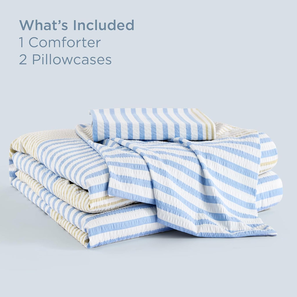 Bedsure SleepEase Cooling Comforter King Size for Summer, 3 Pieces Striped Seersucker Cooling Comforters for Hot Sleepers, Double-Sided Cool Tech Bedding Set with 1 Breathable Comforter, 2 Pillowcases