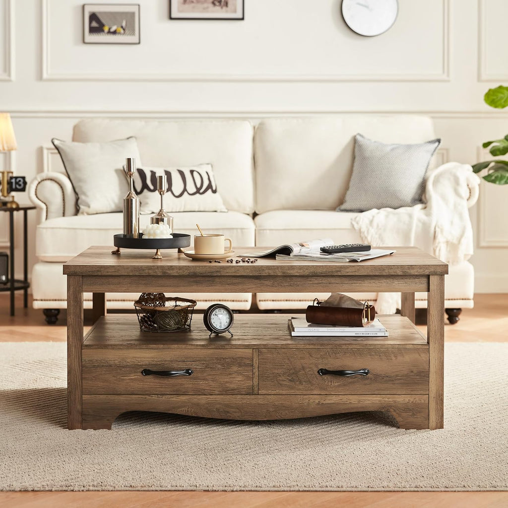 LINSY HOME Farmhouse Coffee Table with Storage, Wood Coffee Table for Living Room, Open Display Area and Storage Drawers with Metal Handles, Chic Style with Curved Base, Brown