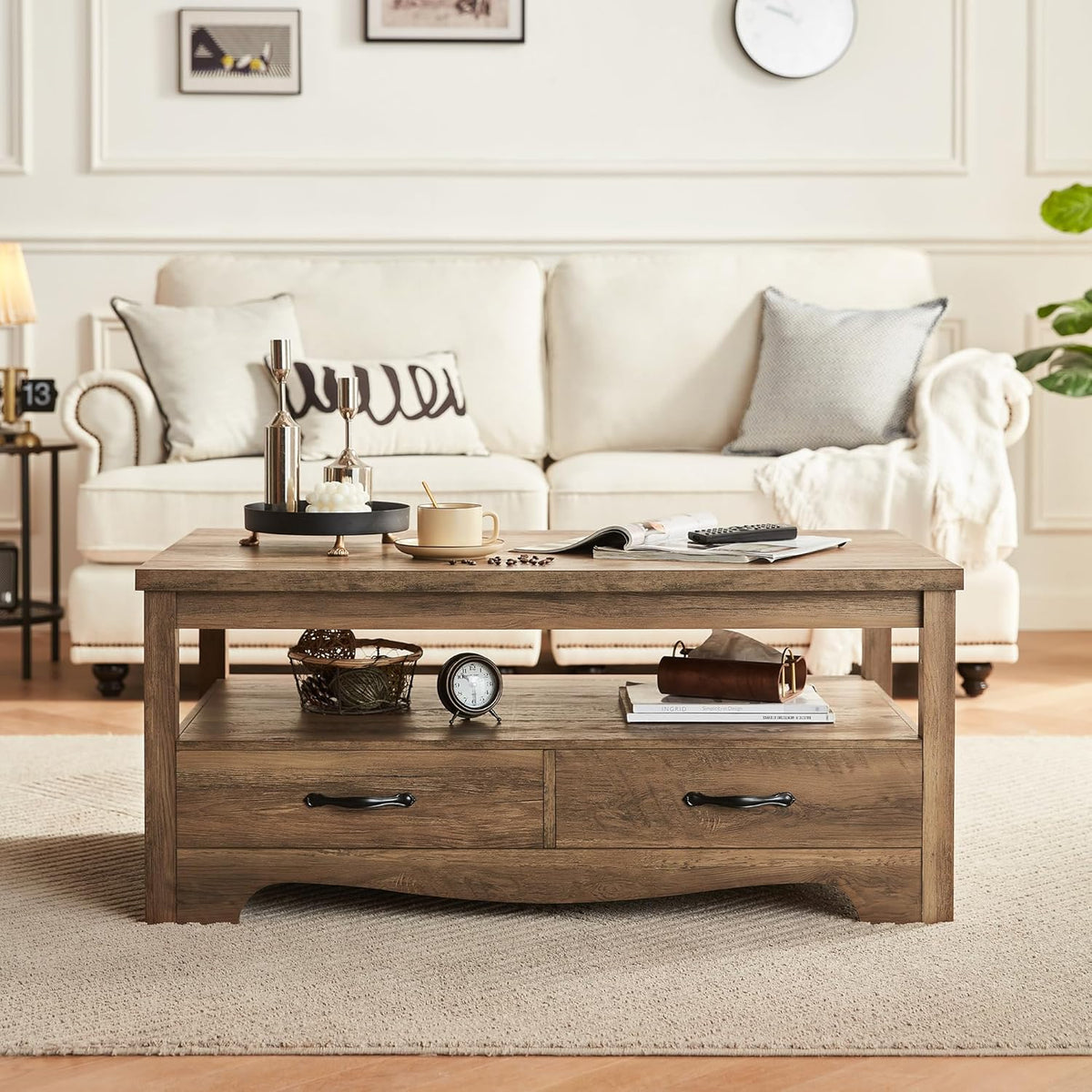 LINSY HOME Farmhouse Coffee Table with Storage, Wood Coffee Table for Living Room, Open Display Area and Storage Drawers with Metal Handles, Chic Style with Curved Base, Brown