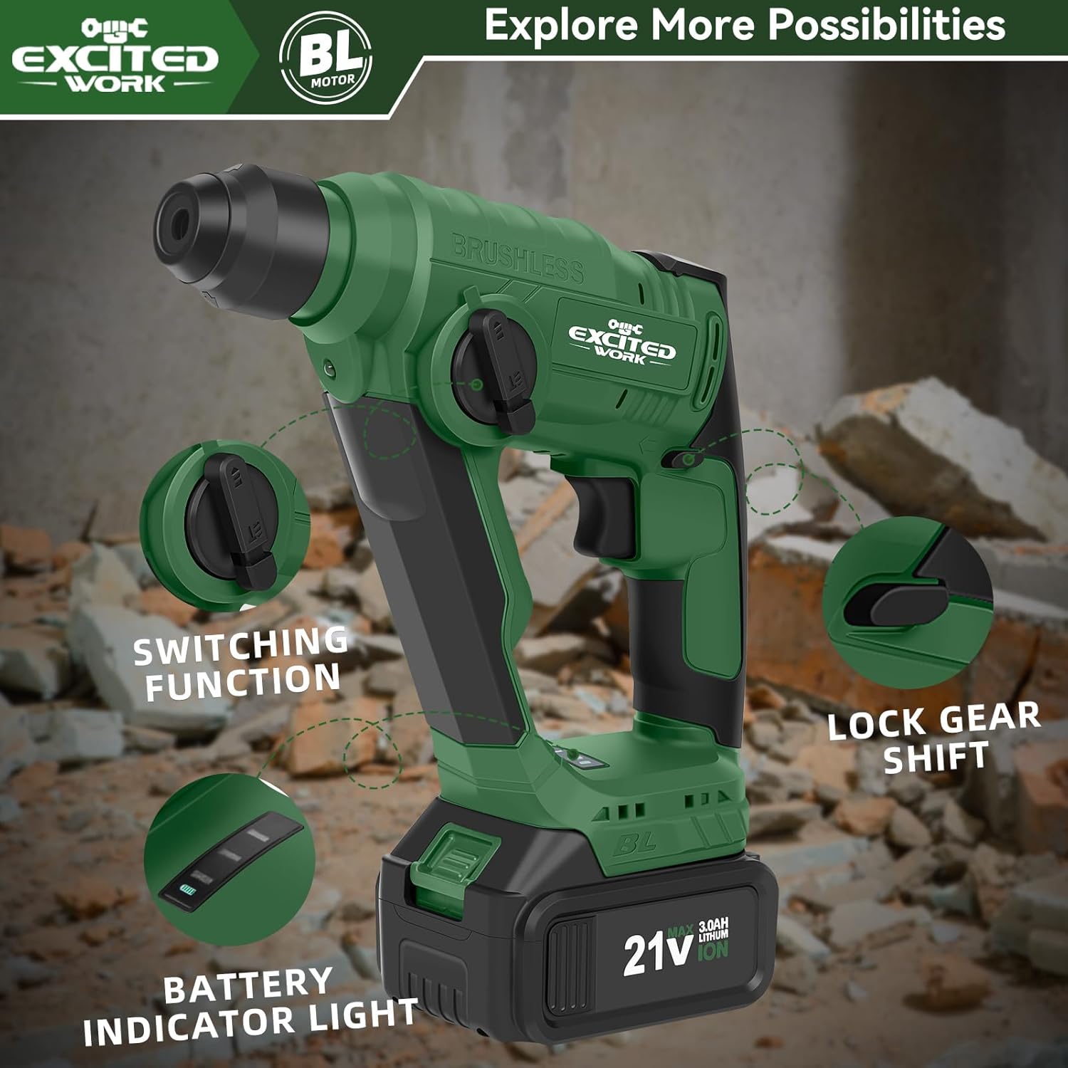 21V Max Cordless 2.0J Rotary Hammer Drill Kit with 3.0 Ah Battery, Brushless Motor and 2 Functions for Concrete, Fast Charger, 4000IPM, 3 Drills for Masonry, Metal and Wood
