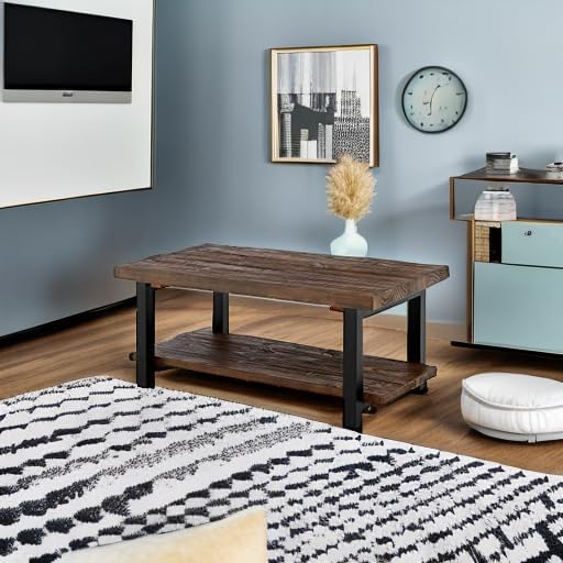 Alaterre Furniture Pomona Rustic Coffee Table with Storage Shelf - 42-Inch Industrial Modern Metal and Solid Wood Living Room Table - Easy Assembly Farmhouse Living Room Furniture (Rustic Natural)