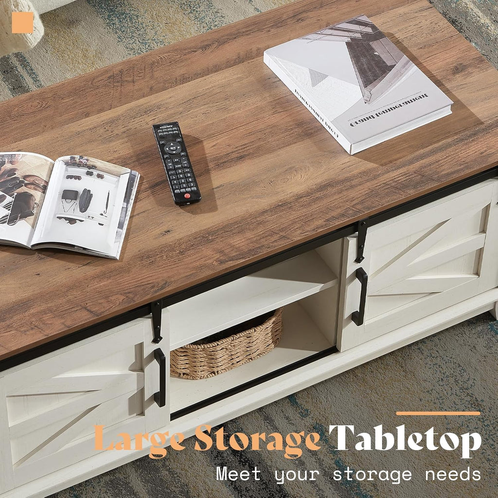 AMERLIFE Farmhouse Coffee Table with Sliding Barn Doors & Storage Cabinet for Living Room, 48" Modern Center Table, Adjustable Shelves, Rustic White