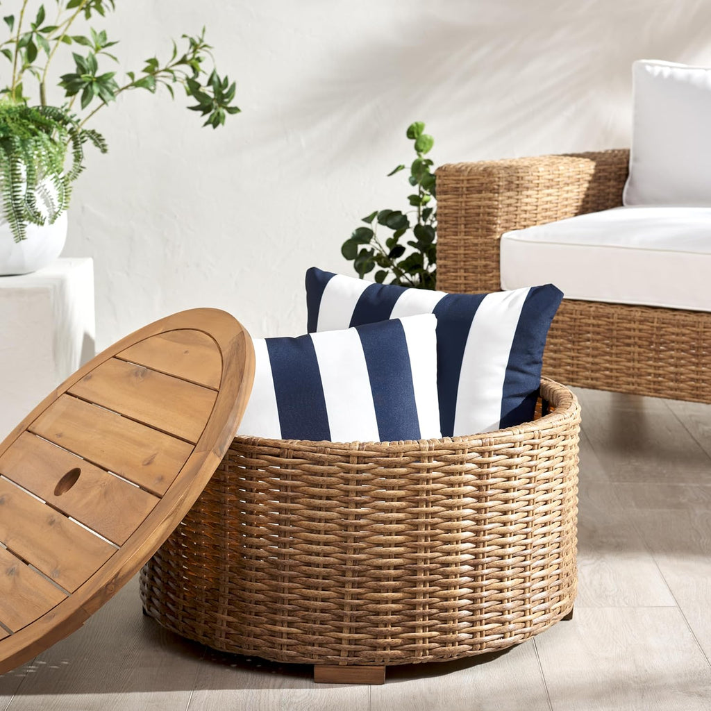 SAFAVIEH Couture Outdoor - Anguilla Round Wicker Coffee Table - Solid Wood and Aluminum - Coastal Woven Design - Ideal for Patio, Deck, Porch, Backyard, 25.6"W x 25.6"D x 13.8"H (CPT2103A)