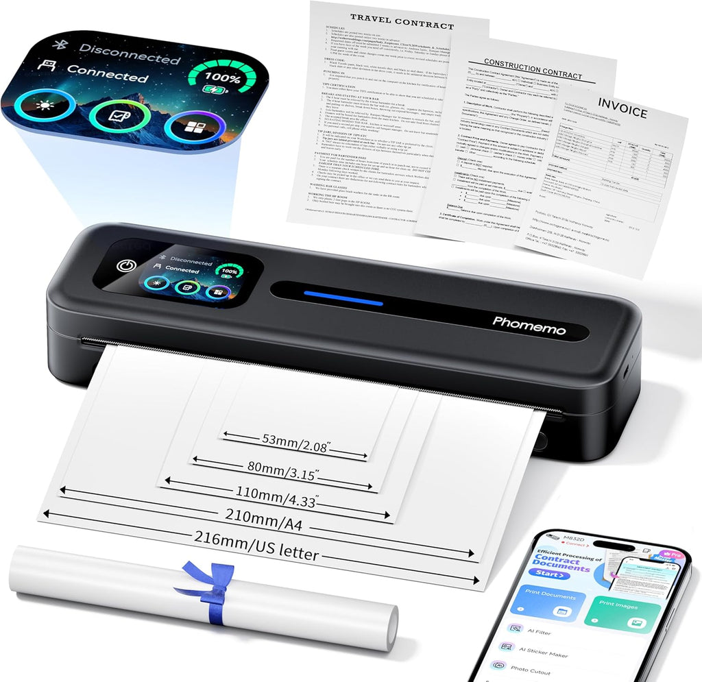 Phomemo Upgraded Portable Printer with Touchscreen, M832D Bluetooth Wireless Thermal Inkless Printer, Supports 8.5"x11" US Letter & A4, Compatible with iOS, Android, PC for Travel, Black