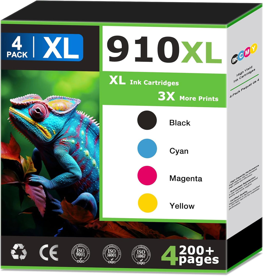 910XL Ink Cartridges Combo Pack Replacement for HP 910 Ink Cartridges, Compatible with HP Printer OfficeJet Pro 8020 8025 8035 8015e 8028e, 910 Black and 910 Colors Ink, Updated with V19.8.1 (4 Pack)