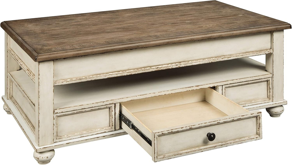 Signature Design by Ashley Realyn Vintage Farmhouse Rectangular Lift Top Coffee Table with Storage Drawer, White & Brown