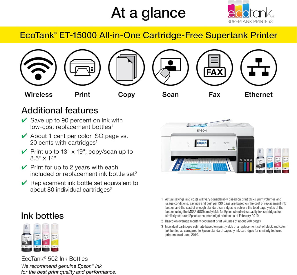 Epson EcoTank ET-15000 Wireless Color All-in-One Supertank Printer with Scanner, Copier, Fax, Ethernet and Printing up to 13 x 19 Inches, White