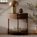 Stead Fluted Half Moon Shaped Console Table - Small Entry Desk - Living Room Furniture - Modern Home Decor - Solid Wood Entryway Table with Two Doors and Brass Knobs (Walnut)