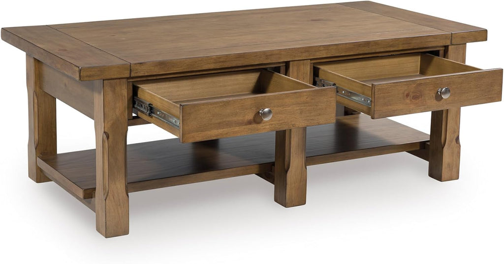 Signature Design by Ashley Vandenmore Casual Rectangular Coffee Table with 2 Drawers and Lower Shelf, Bronze Knobs, Wood, 54" W x 26" D x 19.13" H, Brown