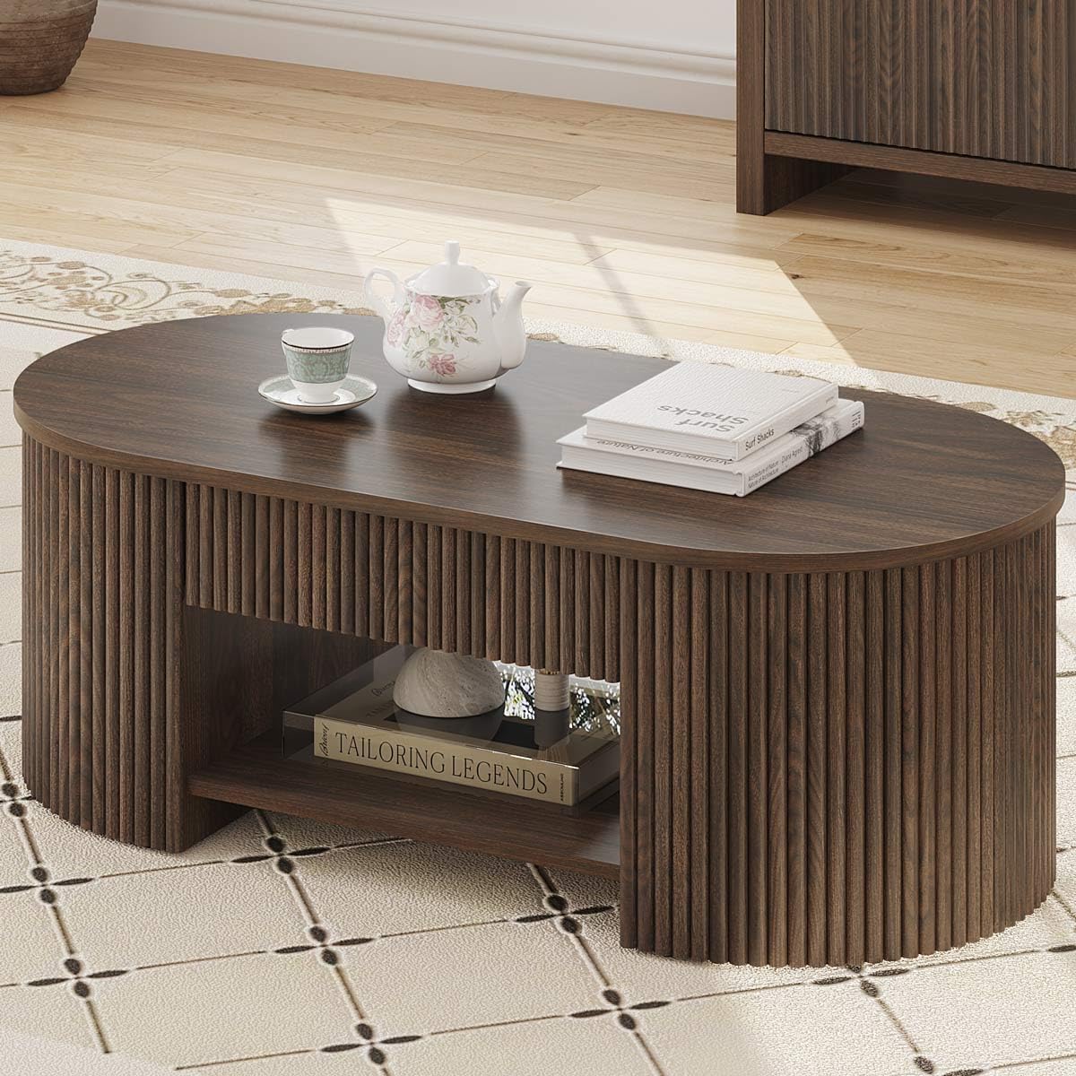 FATORRI Coffee Table with Storage, Mid Century Modern Wood Fluted Center Table with Shelf, Oval Coffee Tables with Drawer (Dark Walnut, 43.31 Inch)