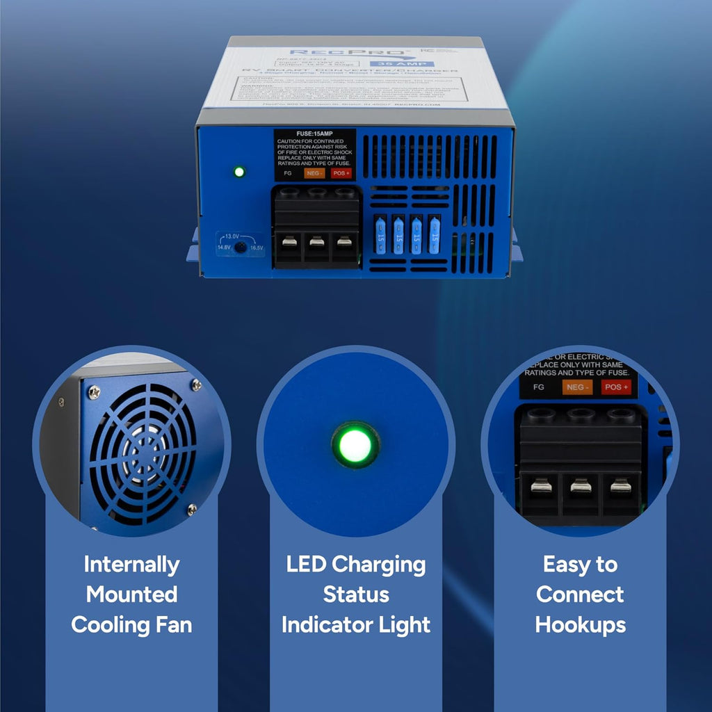 RecPro RV Converter 35 Amp | RV Power Converter & Battery Charger | 4 Stage Smart Charging | 120VAC to 12VDC | 13V to 16.5V Operating Range