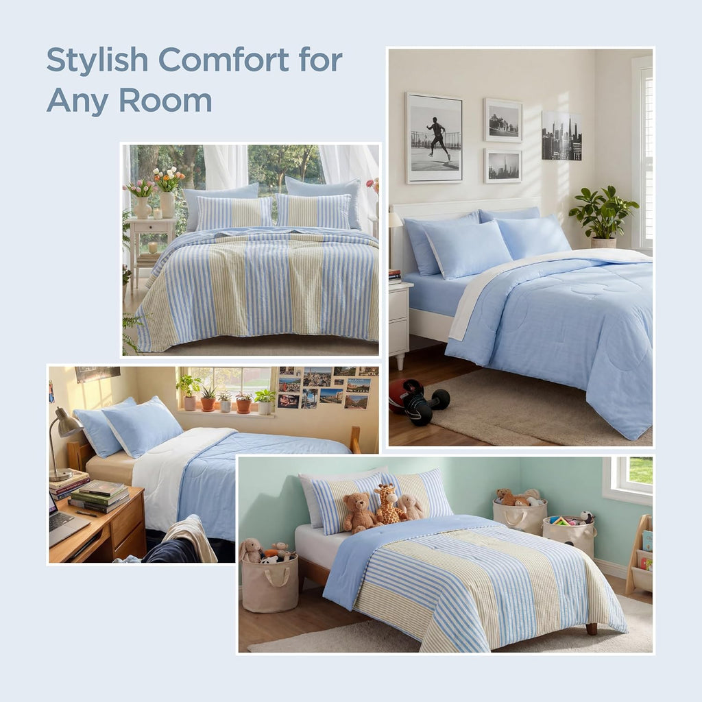 Bedsure SleepEase Cooling Comforter King Size for Summer, 3 Pieces Striped Seersucker Cooling Comforters for Hot Sleepers, Double-Sided Cool Tech Bedding Set with 1 Breathable Comforter, 2 Pillowcases