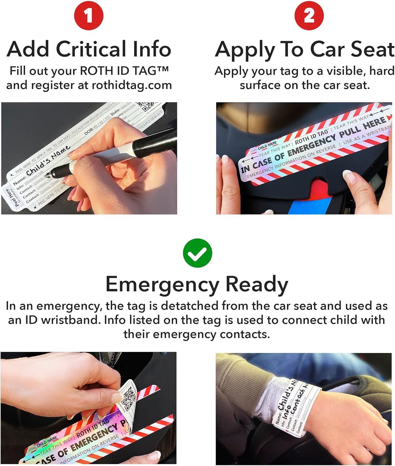 Emergency Contact Identification System for Car Seats, Booster Seats, Baby Gear | Family ROTH ID TAG Kit (6 Tags)