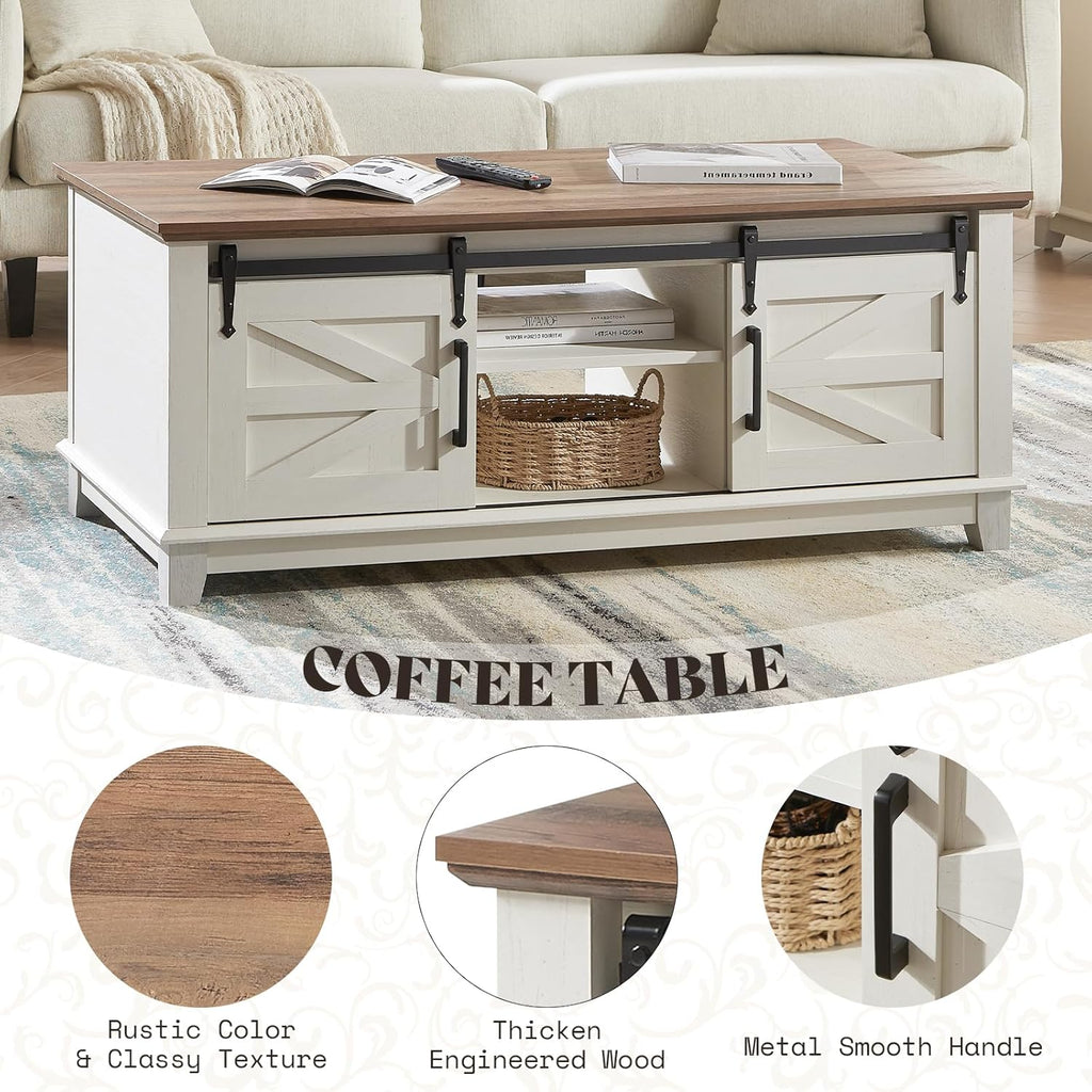 AMERLIFE Farmhouse Coffee Table with Sliding Barn Doors & Storage Cabinet for Living Room, 48" Modern Center Table, Adjustable Shelves, Rustic White