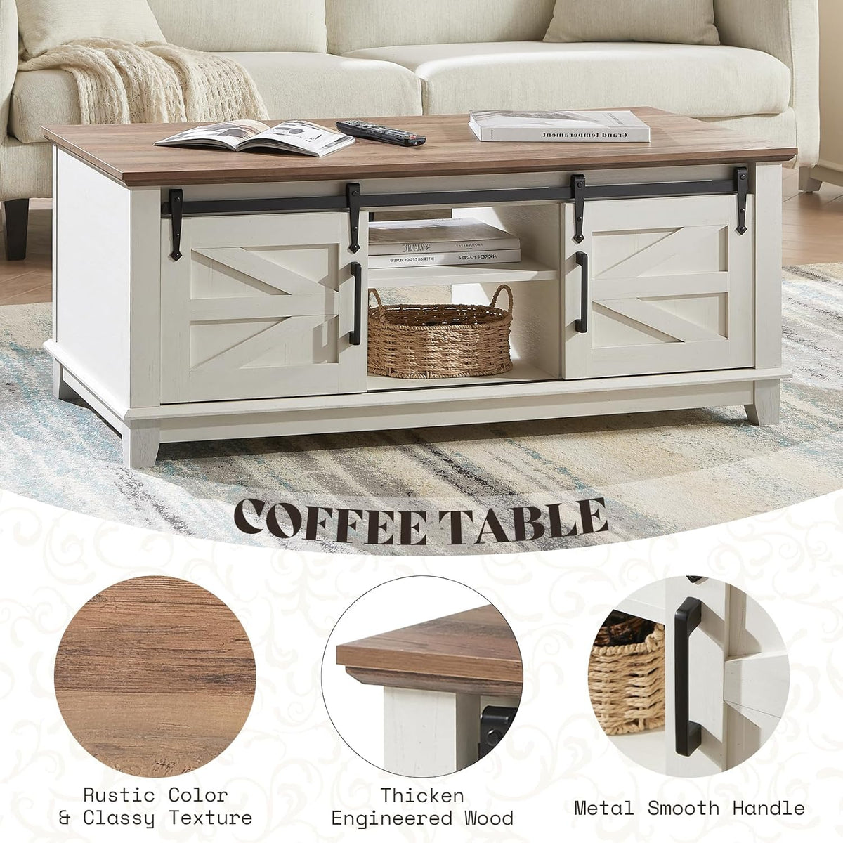AMERLIFE Farmhouse Coffee Table with Sliding Barn Doors & Storage Cabinet for Living Room, 48" Modern Center Table, Adjustable Shelves, Rustic White