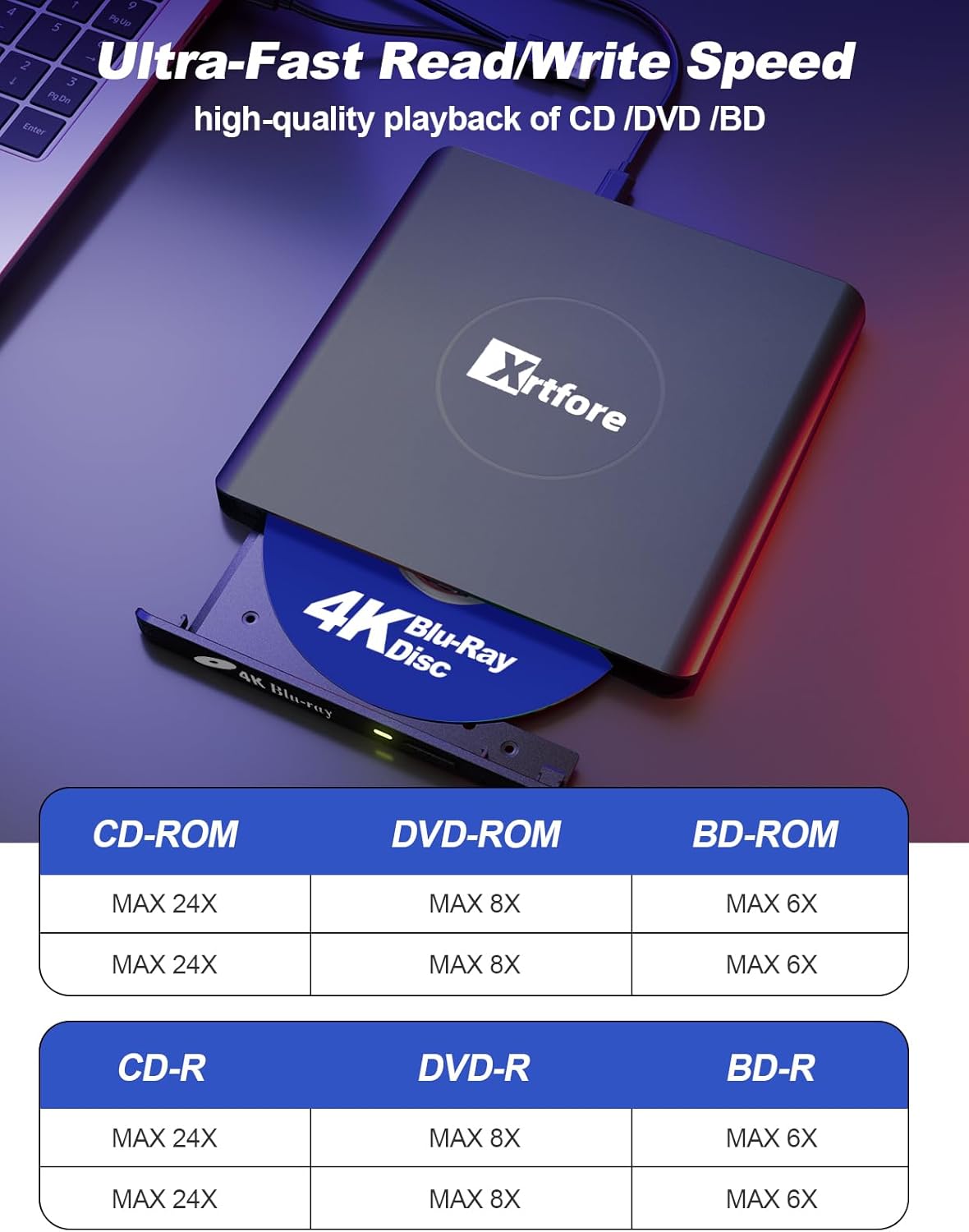 External 4k blu ray Drive,Aluminum 4k blu ray Burner with Carry Case,USB 3.0 uhd Player,DVD+/-RW External Optical Drive for MacBook Pro Windows Laptop