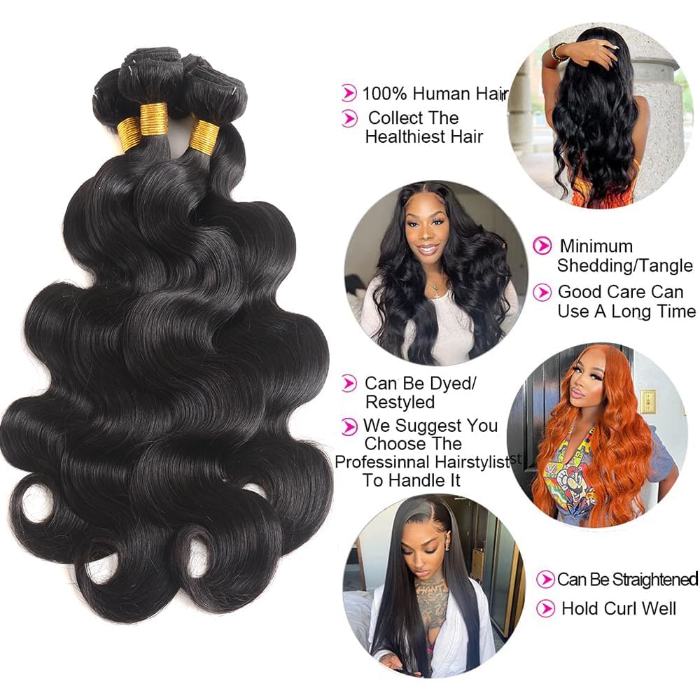 12A Body Wave Human Hair 4 Bundles 18 20 22 24 Inch 100% Remy Virgin Hair Weaves Extensions Body Wave Bundles Human Hair Soft And Silky Natural Black