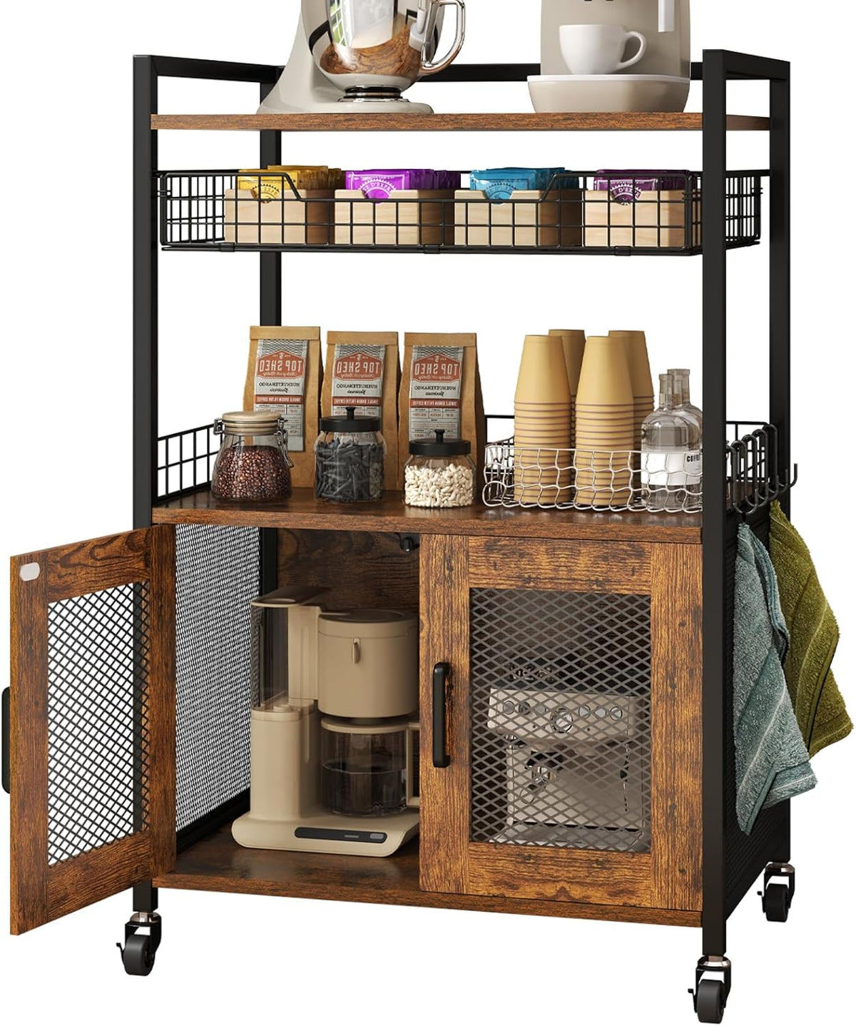 Hencawima Coffee Bar Cabinet, 3 Tier Coffee Station Table on Wheels, 35.9" H Bar Cart with Wire Basket Drawer & 5 Hooks for Home Kitchen, Liquor Buffet Sideboard Cabinet (Rustic Brown)