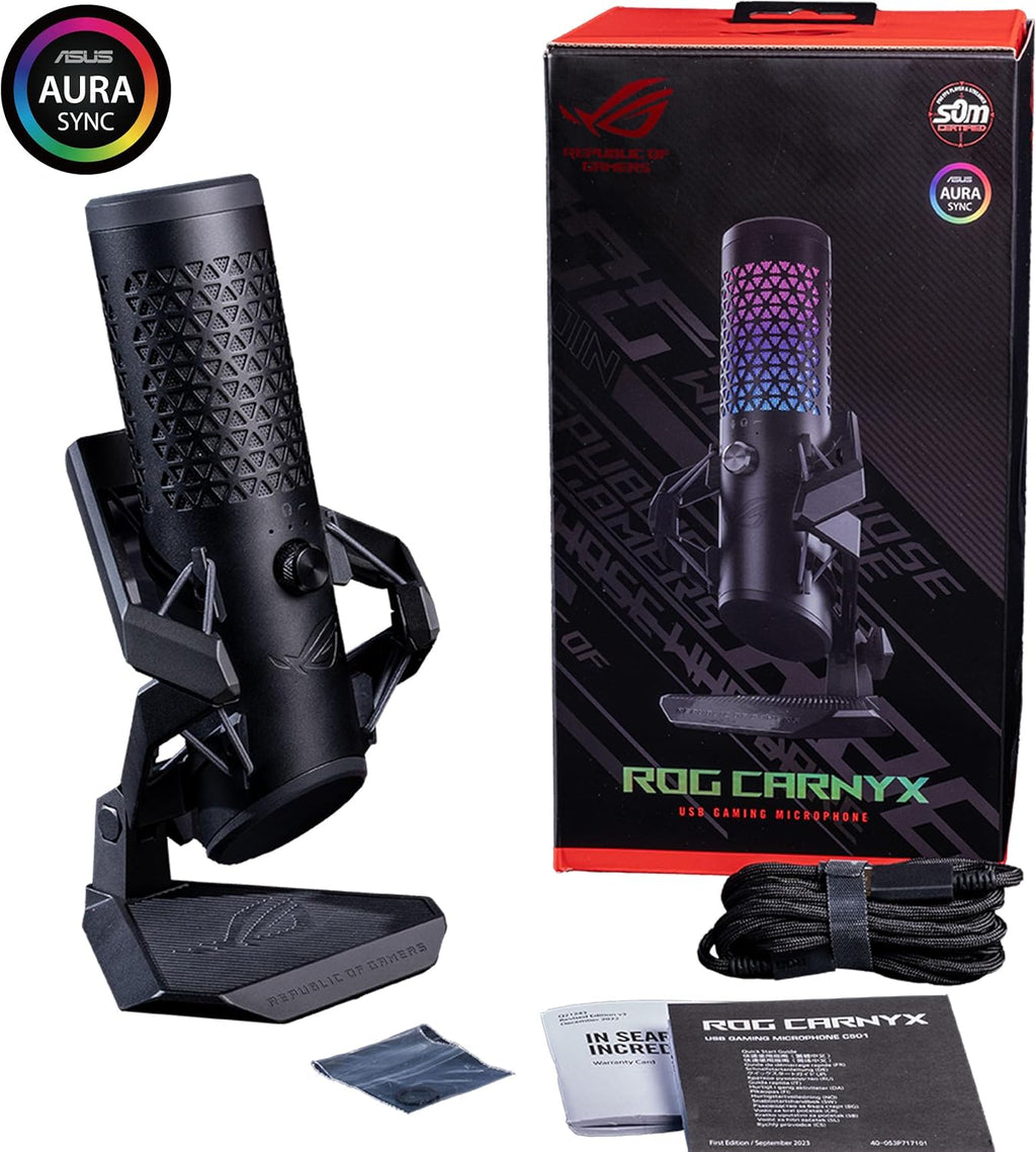 ASUS ROG Carnyx RGB Condenser Gaming Microphone Black (Gaming, Streaming and Podcast, 25 mm Capacitor Capsule, 192 kHz / 24 Bit Sampling Rate, High Pass Filter, Pop Filter, Metal Holder, Aura Sync)
