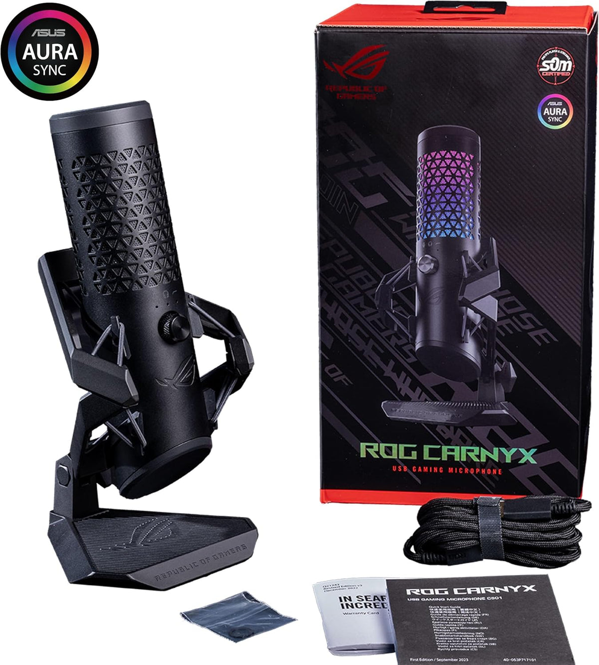 ASUS ROG Carnyx RGB Condenser Gaming Microphone Black (Gaming, Streaming and Podcast, 25 mm Capacitor Capsule, 192 kHz / 24 Bit Sampling Rate, High Pass Filter, Pop Filter, Metal Holder, Aura Sync)