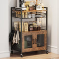 Hencawima Coffee Bar Cabinet, 3 Tier Coffee Station Table on Wheels, 35.9" H Bar Cart with Wire Basket Drawer & 5 Hooks for Home Kitchen, Liquor Buffet Sideboard Cabinet (Rustic Brown)