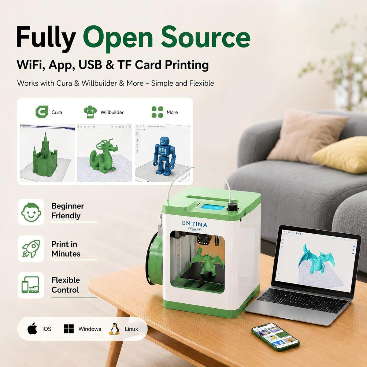Entina TINA2S 3D Printers with WiFi Cloud Printing, Fully Assembled with Auto Leveling, Huge Library, DIY Mini 3D Printer for Beginners and Kids, High Precision 3D Printer for Home, Office & School