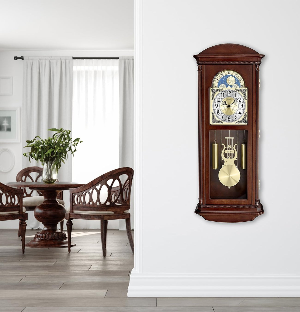 Bulova Litchfield Large Regulator Wall Clock, Model C4332 | Classic Pendulum Design | Harmonic Hourly Chime | Brown Cherry Finish