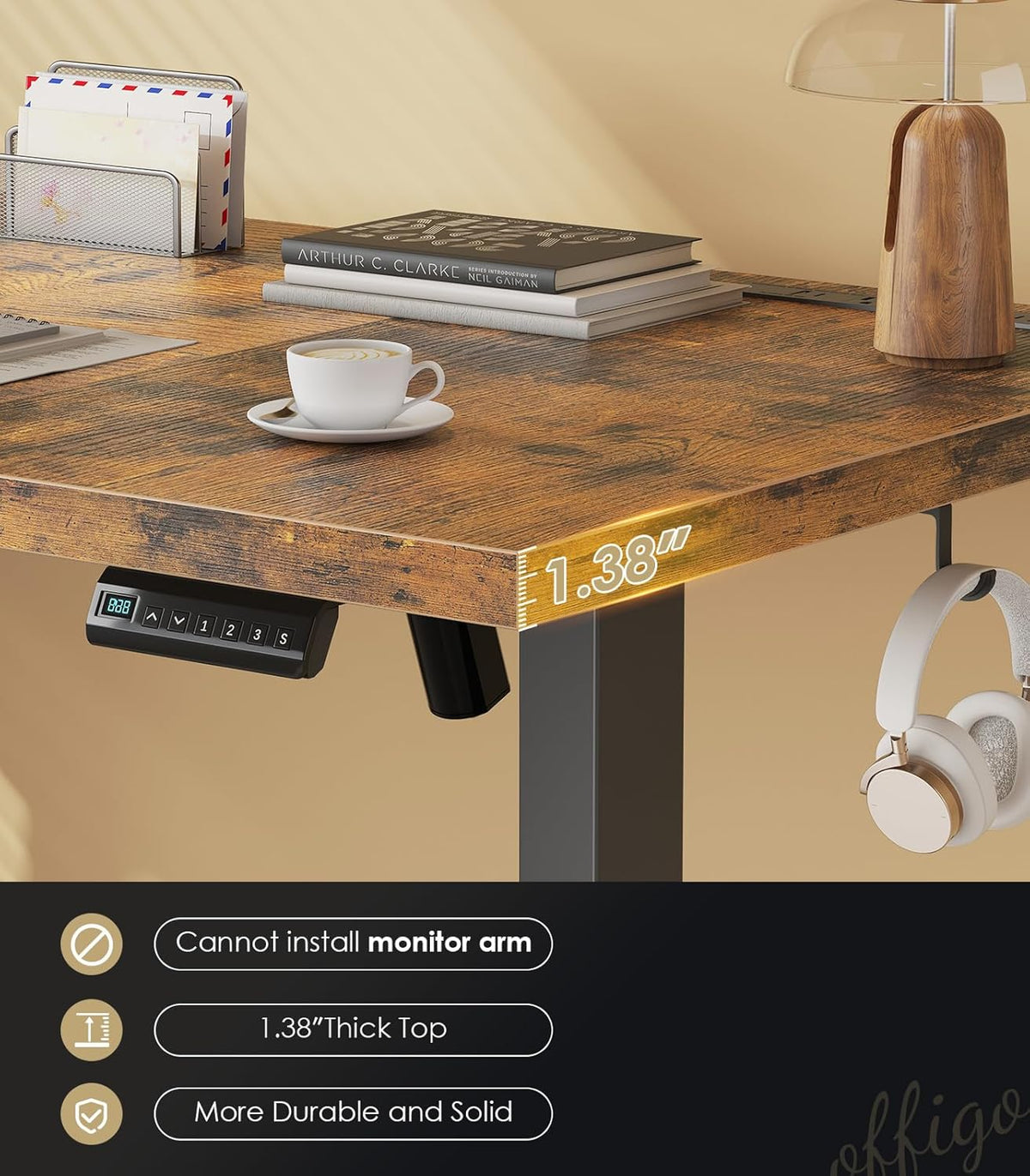 OffiGo 79 Inch Executive Electric Standing Desk, Height Adjustable Desk with Power Outlet & 1.38" Thick 3-Piece Desktop, Sit Stand Computer Desk for Home, Office, Conference Room, Rustic Brown