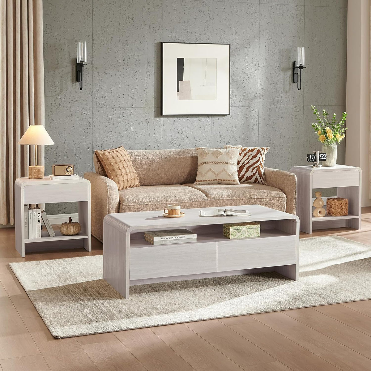 AMERLIFE 3-Piece Living Room Table Set, Includes Coffee Table & 2 End Tables, Modern Coffee Table Sets with Large Storage Drawers & Smooth Rounded Edges, White