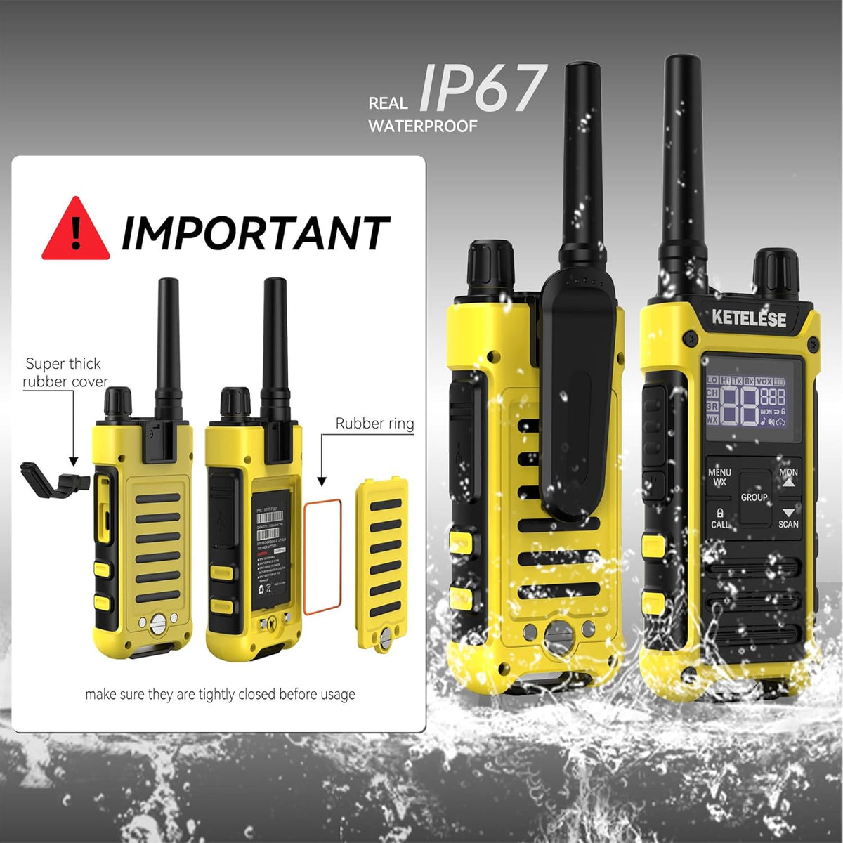 KETELESE T3F IP67 Waterproof Two Way Radios, FRS Walkie Talkie 4 Pack with Earpieces,USB C Charge Dock,Group Talk,Flashlight,VOX,Weather Alert, for Adults, Black/Yellow