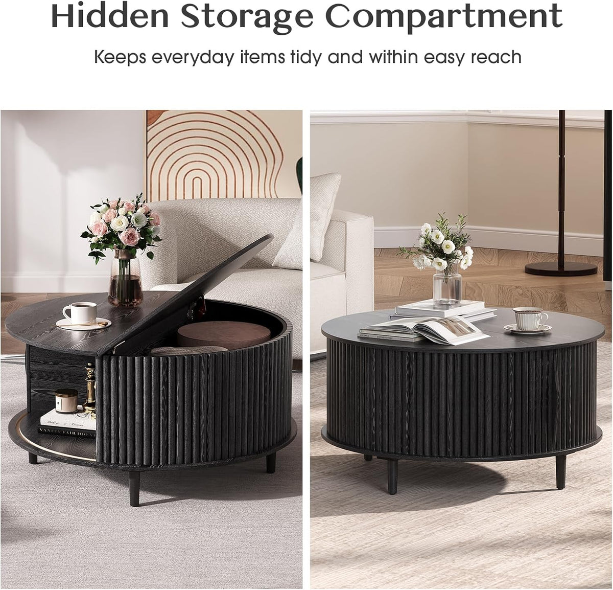 SULIVES Black Round Coffee Table with Storage, 31.5" Wood Drum Table, Fluted Circle Center Table for Living Room, Modern Mid Century Furniture with Sliding Door