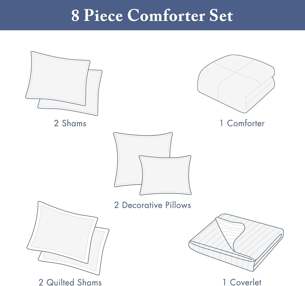 Madison Park Marina Comforter Quilt Combo Set - Modern Luxury Design, All Season Down Alternative Bedding, Matching Shams, Decorative Pillows, King/Cal King(104"x92") Seersucker Blue 8 Piece