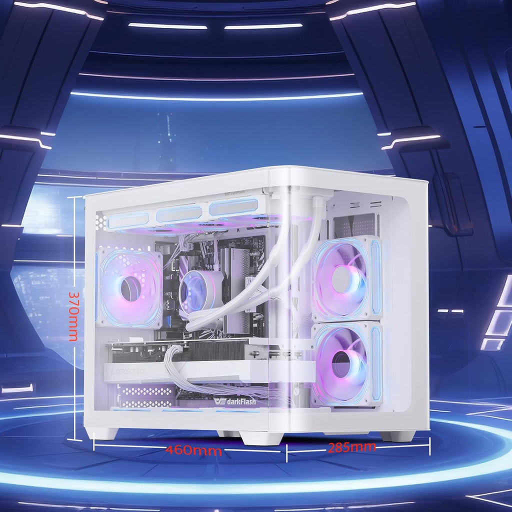 darkFlash Micro-ATX Gaming PC Case, MATX PC Case with 3 x 120mm ARGB Fans, Panoramic View Dual Tempered Curve Glass Computer Case, USB 3.0 Port, Supports Dual 360mm AIO, White(DPW90M)