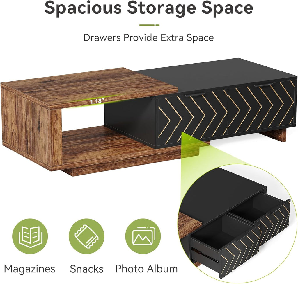 LITTLE TREE Expandable Wooden Coffee Table with 2 Drawers, Space-Saving Rectangular Farmhouse Center Table, Perfect for Living Room and Office, Brown and Black