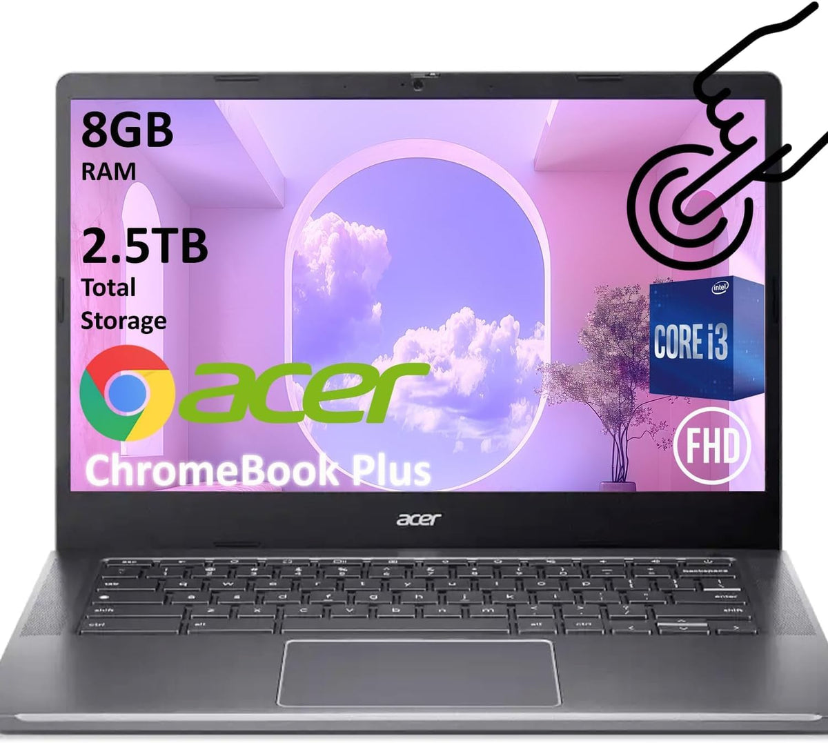 acer Chromebook Plus 514, 14" FHD Touchscreen Laptop, Intel 8-Core i3-N305, 8GB RAM, 512GB SSD, Chrome OS, Long Battery Life, High-End Business/Luxury Gift