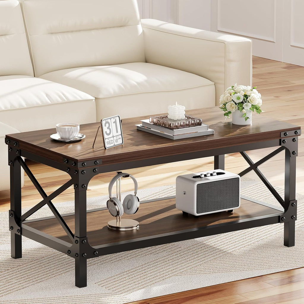 Rectangle Coffee Tables for Living Room, Wood Rectangular Coffee Table, 2 Tier Dark Brown Modern Center Table with Thickened Tabletop and Metal Frame, 40 inch Long (Walnut)