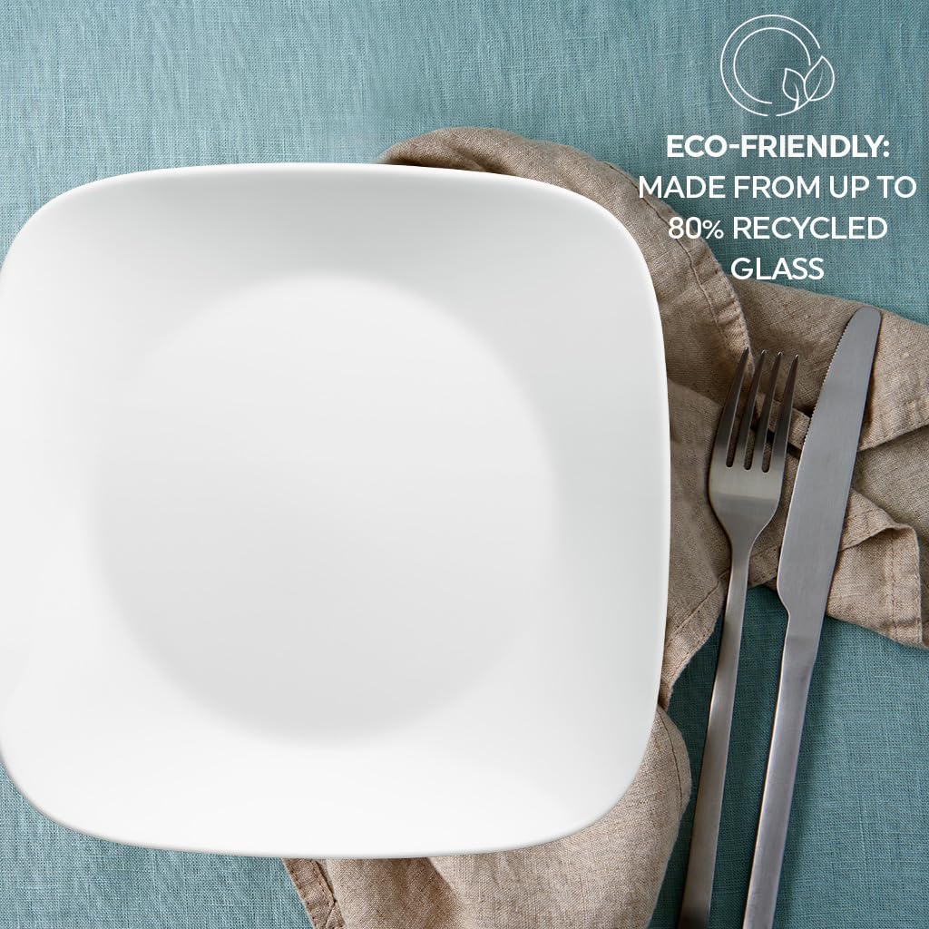 Corelle Vitrelle 18-Piece Service for 6 Square Dinnerware Set Triple Layer Glass and Chip Resistant, Lightweight Square Plates and Bowls Set, Pure White