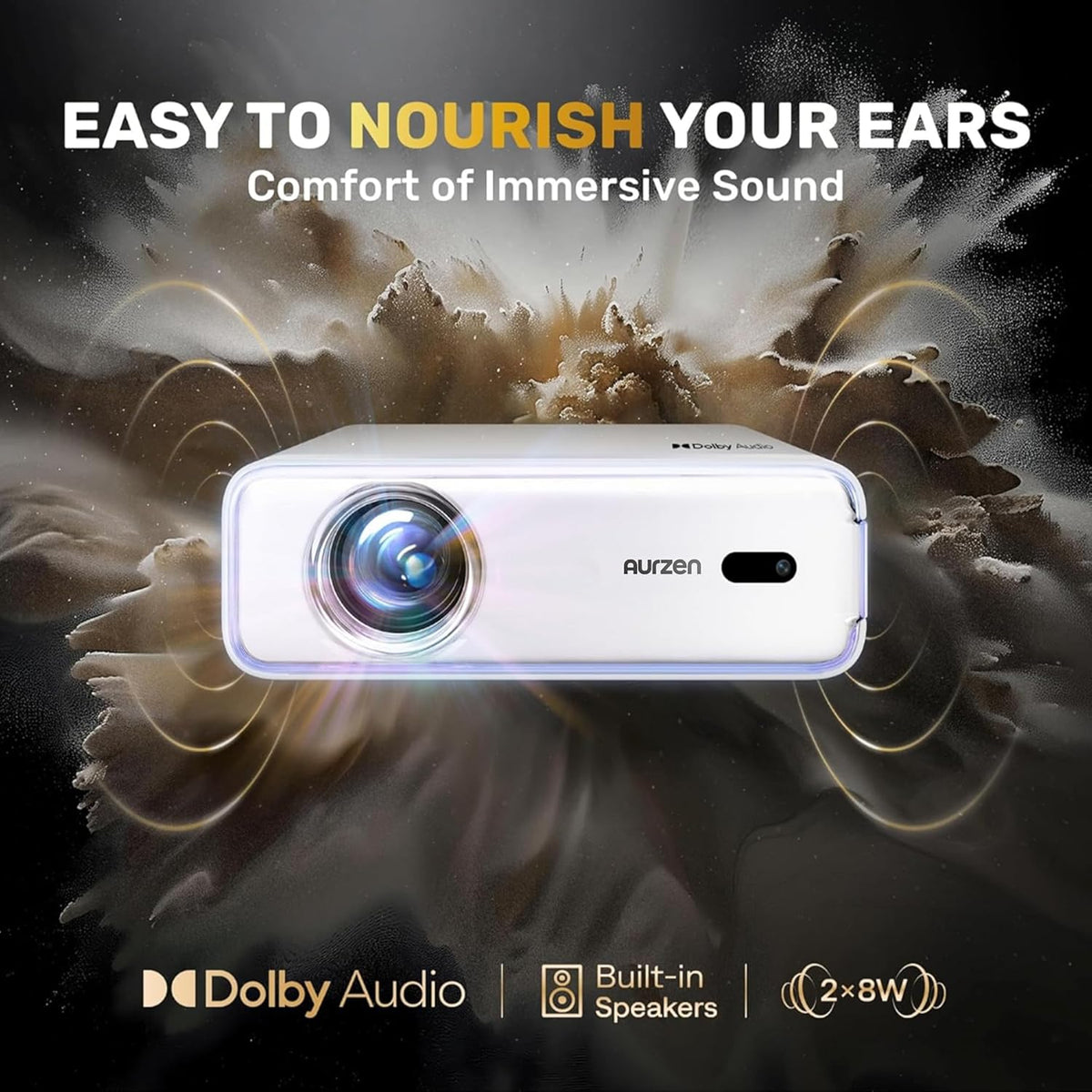 Aurzen EAZZE D1 Smart Projector with WiFi and Bluetooth, Built-in APP, Auto Focus/Keystone, DoIby Audio 16W Speakers, Native 1080P, HDR10, Portable Mini Outdoor Movie Projector