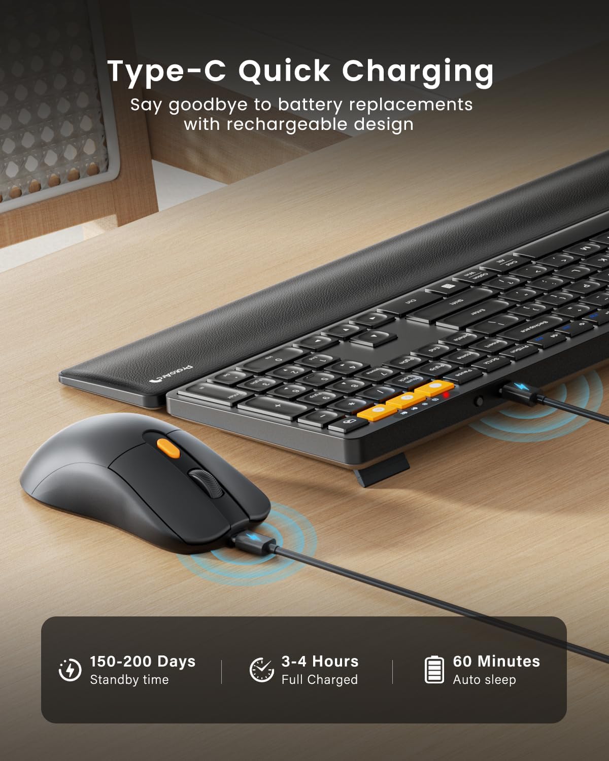 ProtoArc Wireless Bluetooth Keyboard and Mouse Combo, KM60 Multi Device Rechargeable Ergonomic Full Size Keyboard Mouse with Wrist Rest Sleek Design for Laptop, Computer, Mac, MacBook, Windows, Black