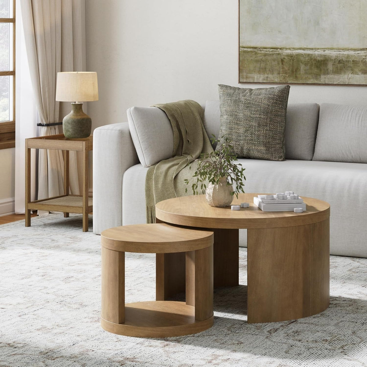 Nathan James Uchu Mid Century Modern 2-Piece Nesting Coffee Table, Round Wood Coffee Table with Storage, Light Brown