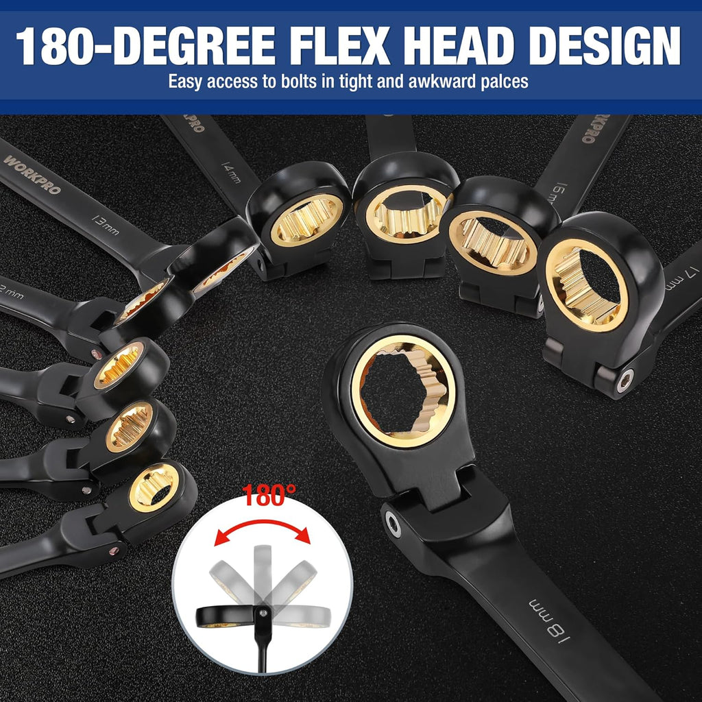 WORKPRO 22-piece Ratcheting Wrench Set with 180° Flex Head, Anti-Slip Tooth, Combination Wrench Sets with Organizer Box, Metric 6-18mm & SAE 1/4-3/4", Black Electrophoretic Coating