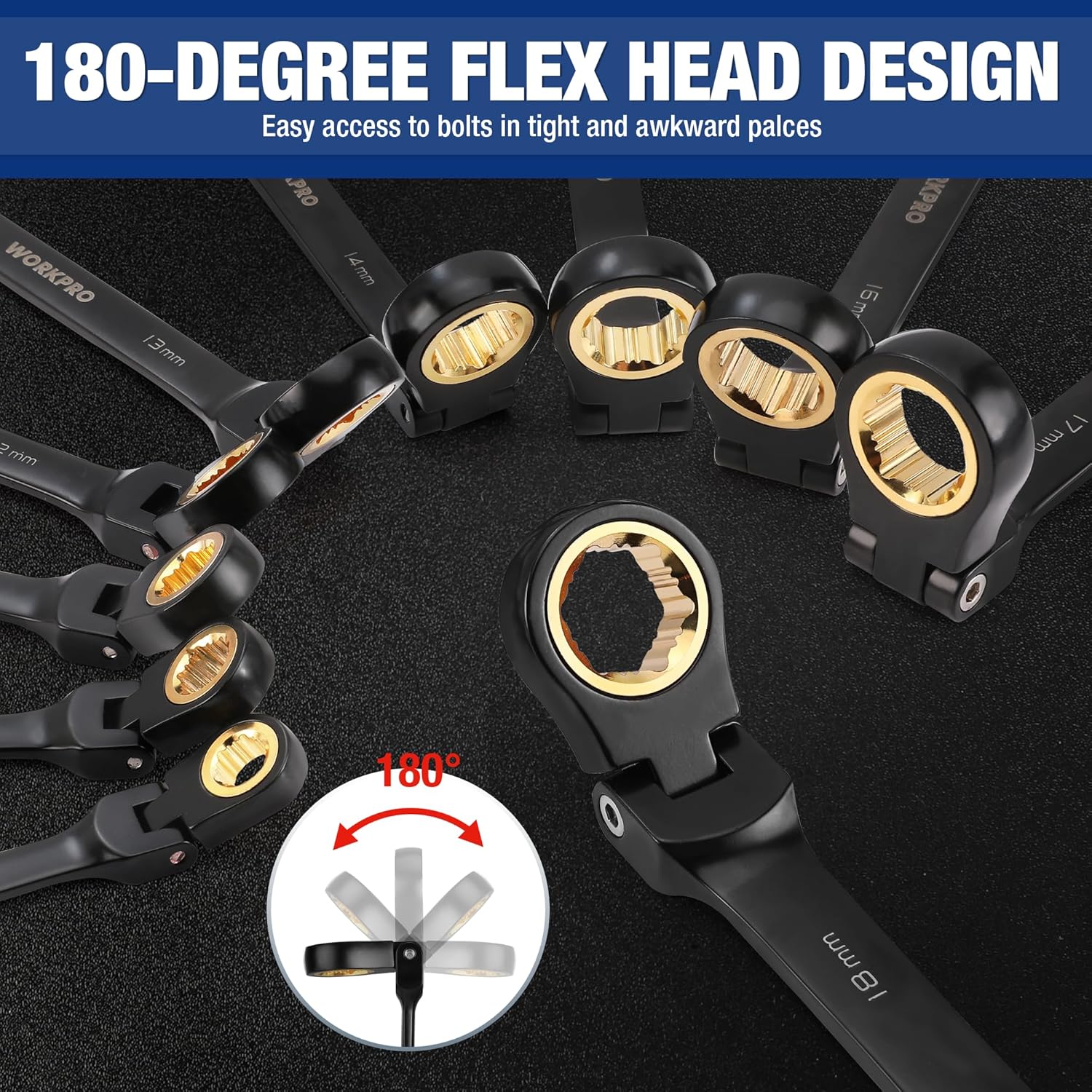 WORKPRO 22-piece Ratcheting Wrench Set with 180° Flex Head, Anti-Slip Tooth, Combination Wrench Sets with Organizer Box, Metric 6-18mm & SAE 1/4-3/4", Black Electrophoretic Coating
