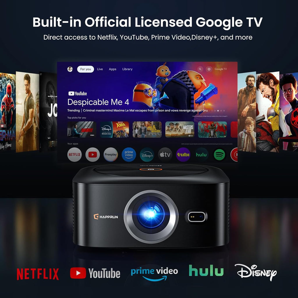 1500 ANSI Official Licensed Google TV Smart Projector, HAPPRUN 4K Full HD Home Theater with Auto Focus, Dolby Sound, Wi-Fi Bluetooth, Built-in Apps, Compatible with Phone & PC, Indoor & Outdoor Use