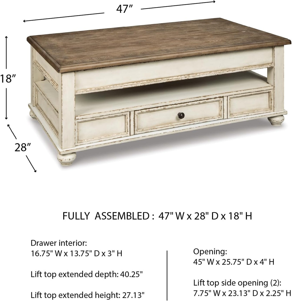 Signature Design by Ashley Realyn Vintage Farmhouse Rectangular Lift Top Coffee Table with Storage Drawer, White & Brown