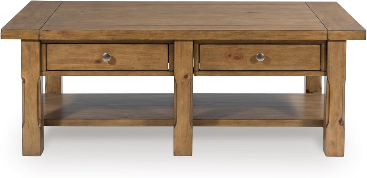 Signature Design by Ashley Vandenmore Casual Rectangular Coffee Table with 2 Drawers and Lower Shelf, Bronze Knobs, Wood, 54" W x 26" D x 19.13" H, Brown