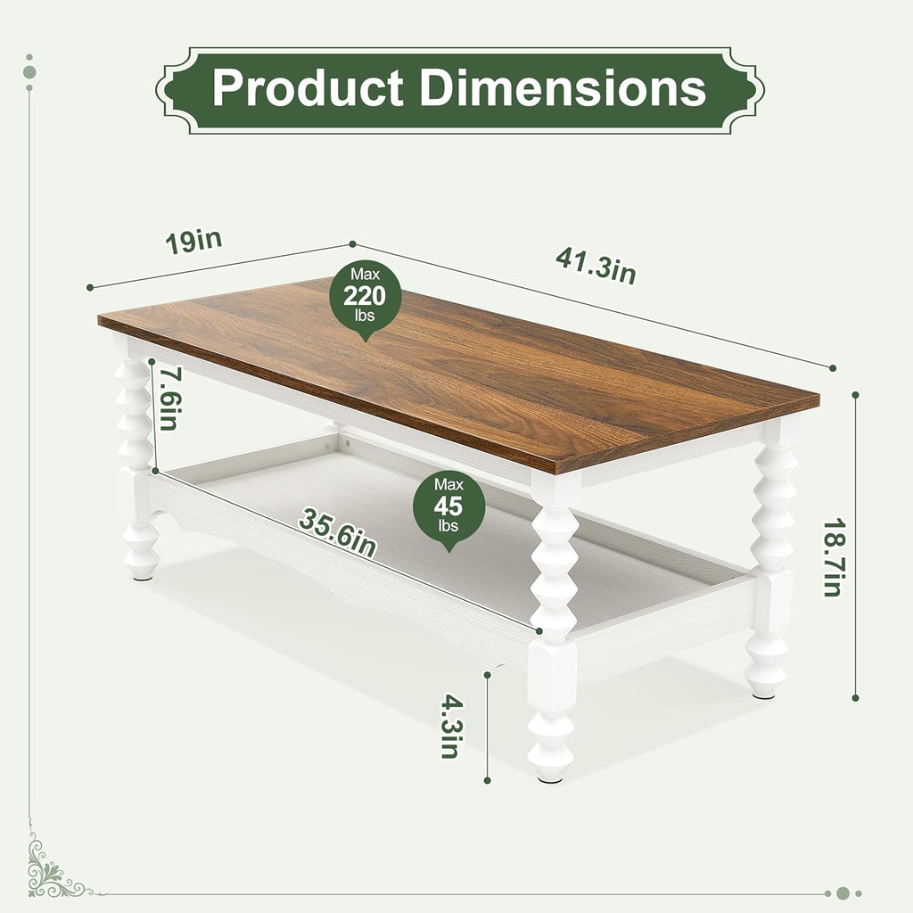 YOSHOOT 42" Farmhouse Coffee Table with Storage - Small Coffee Tables for Living Room Bedroom, 2-Tier Center Table with Solid Wood Legs and Thickened Top, White