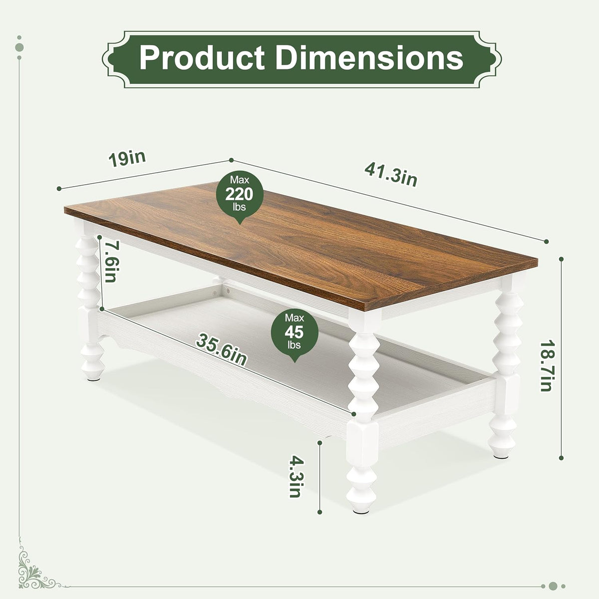 YOSHOOT 42" Farmhouse Coffee Table with Storage - Small Coffee Tables for Living Room Bedroom, 2-Tier Center Table with Solid Wood Legs and Thickened Top, White