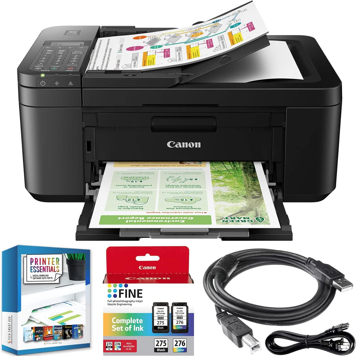 Canon PIXMA TR4720 All-in-One Wireless Printer with Auto Document Feeder, Mobile Printing, Copy, Fax & Scanner Black 5074C002 (Renewed) Bundle w/DGE USB Connection Cable +Small Business Software Kit
